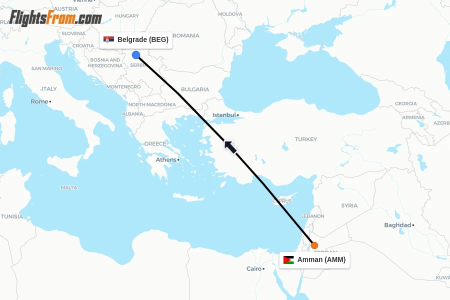 Flights from Amman to Belgrade route map