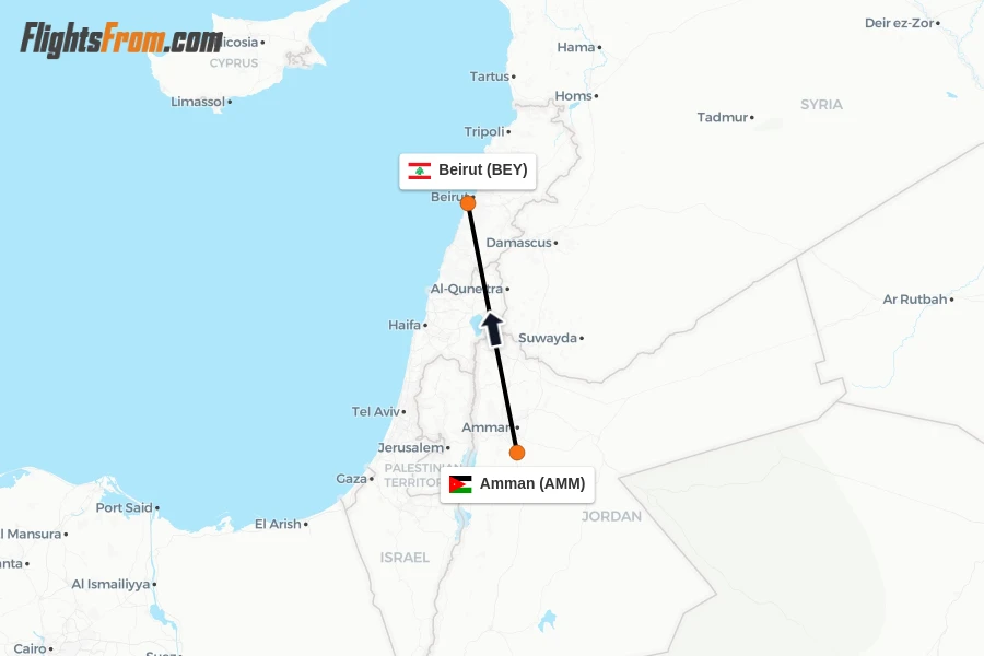 Flights from Amman to Beirut route map