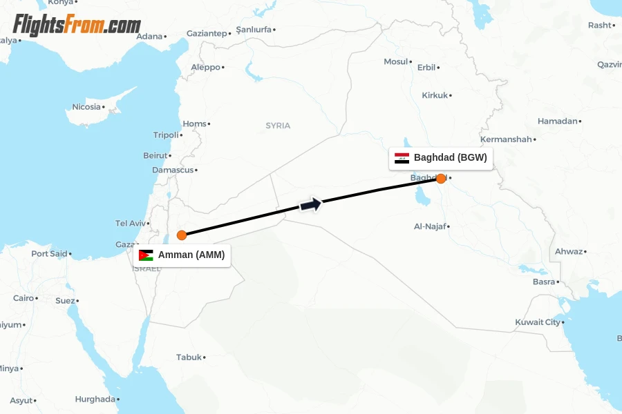 Flights from Amman to Baghdad route map