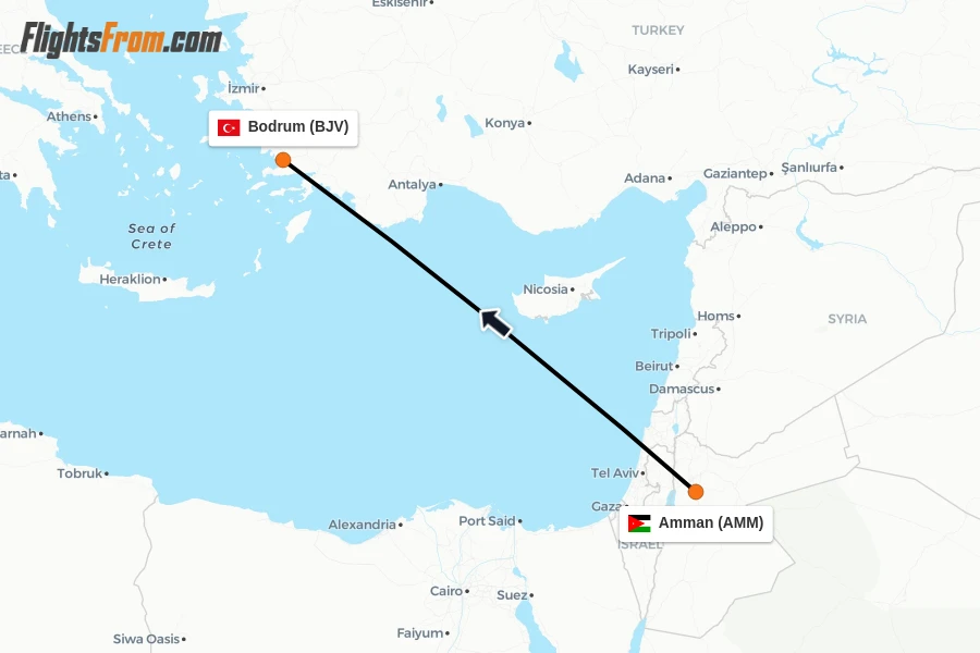 Flights from Amman to Bodrum route map