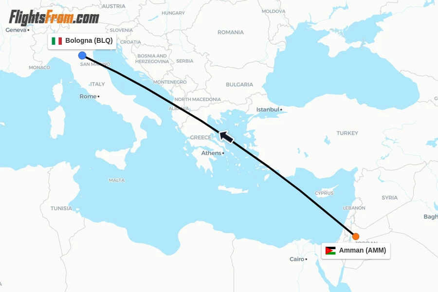 Flights from Amman to Bologna route map