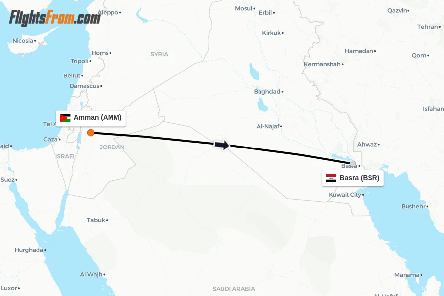 Flights from Amman to Basra route map
