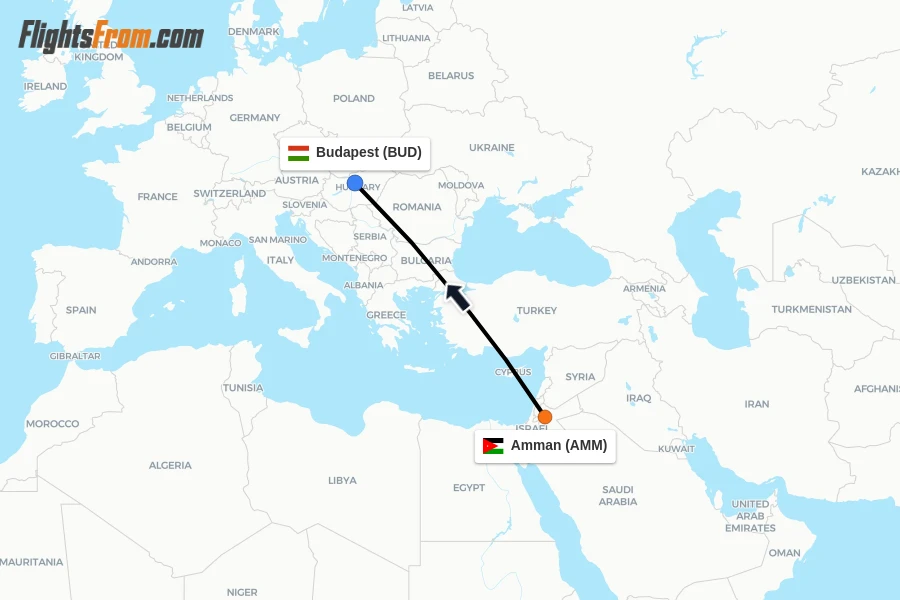 Flights from Amman to Budapest route map