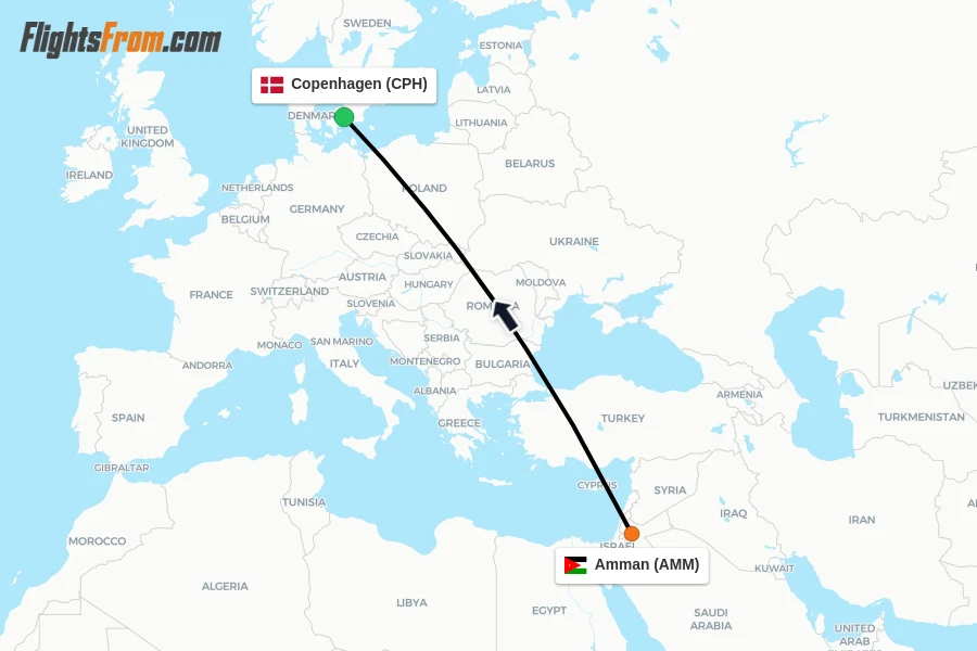 Flights from Amman to Copenhagen route map