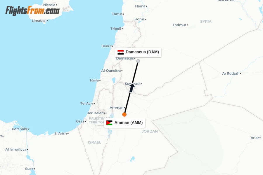 Flights from Amman to Damascus route map