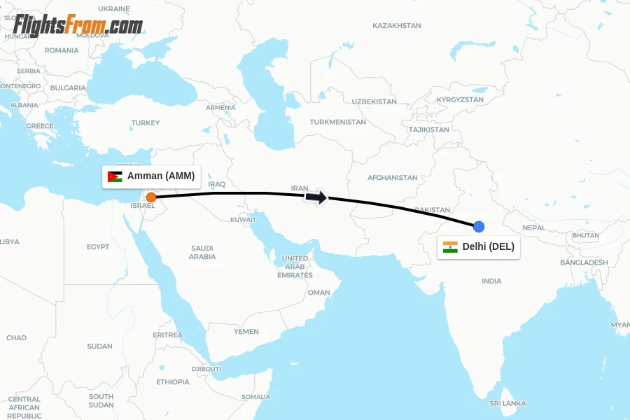 Flights from Amman to Delhi route map