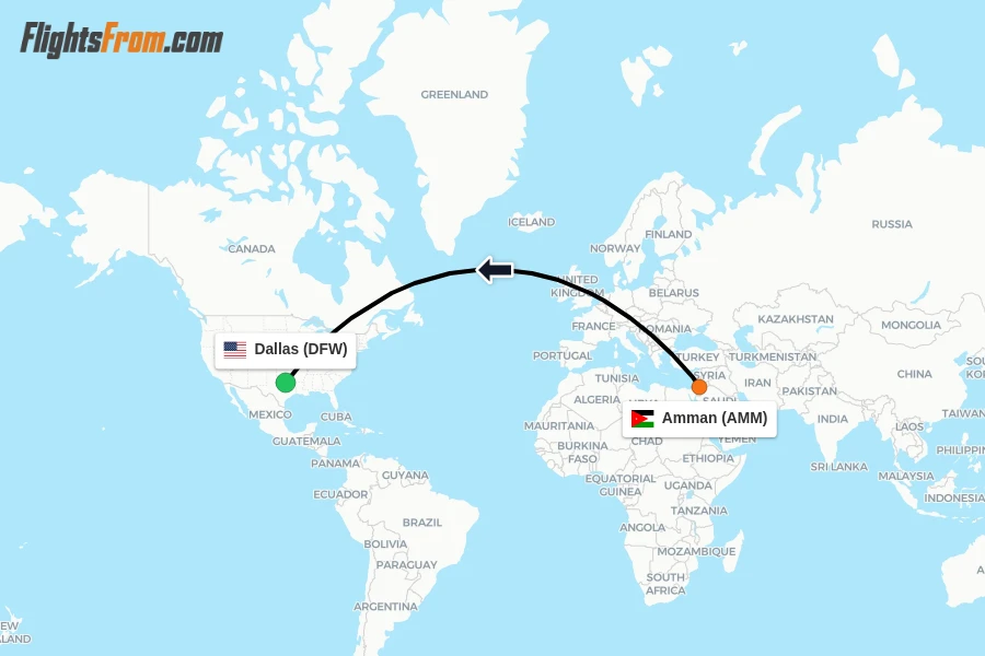 Flights from Amman to Dallas route map