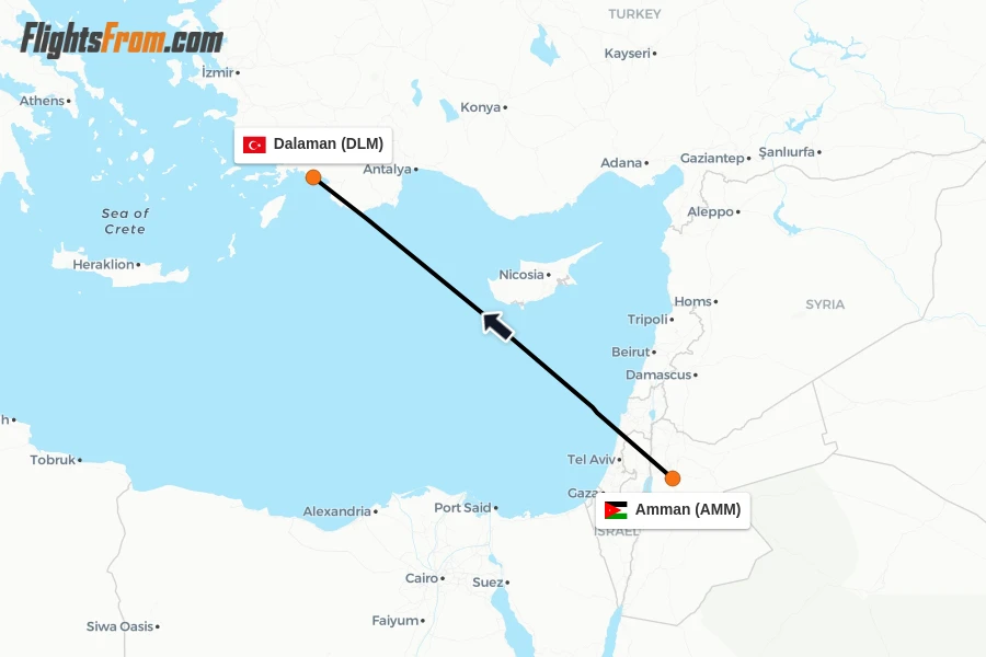 Flights from Amman to Dalaman route map