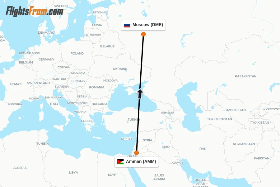 Flights from Amman to Moscow route map