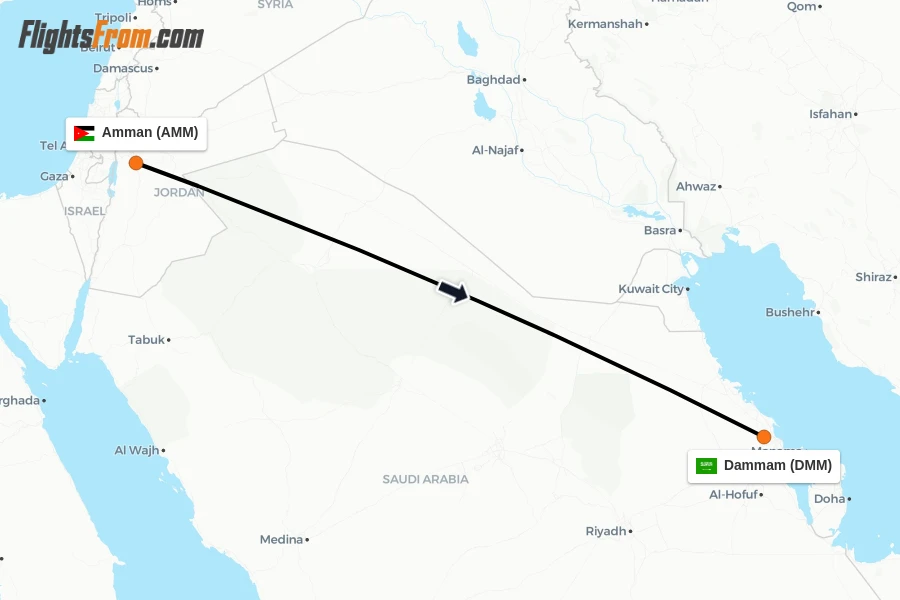 Flights from Amman to Dammam route map