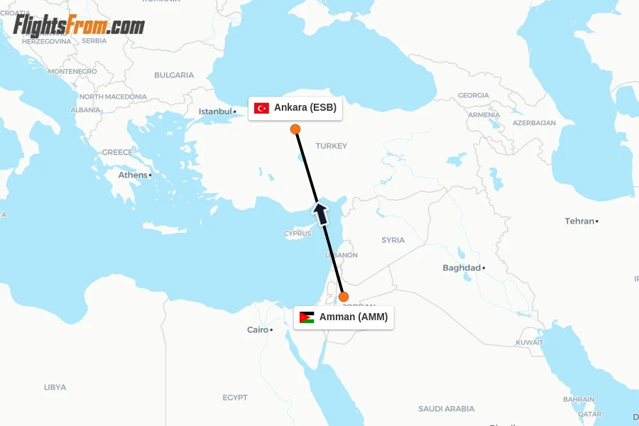Flights from Amman to Ankara route map