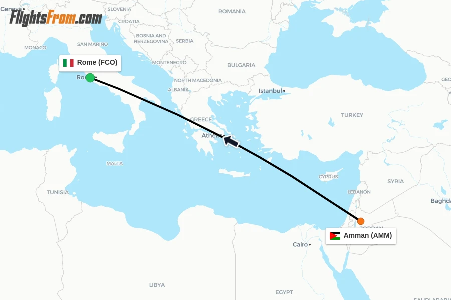 Flights from Amman to Rome route map
