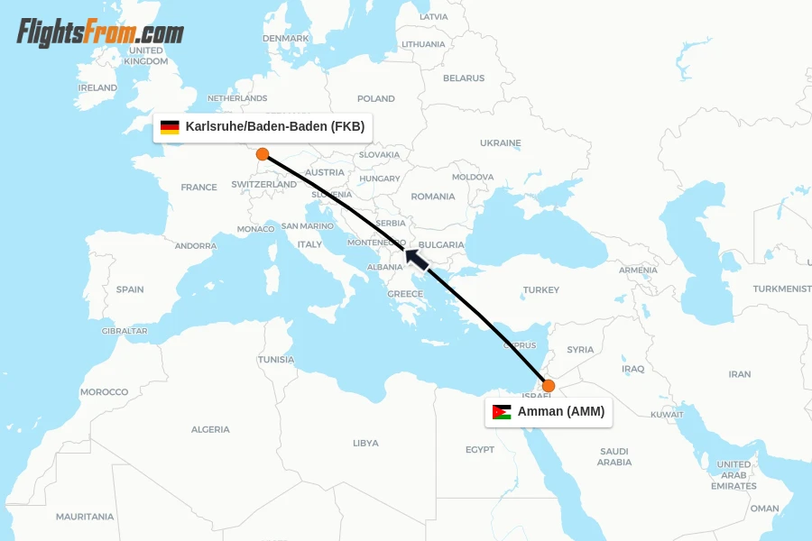 Flights from Amman to Karlsruhe/Baden-Baden route map