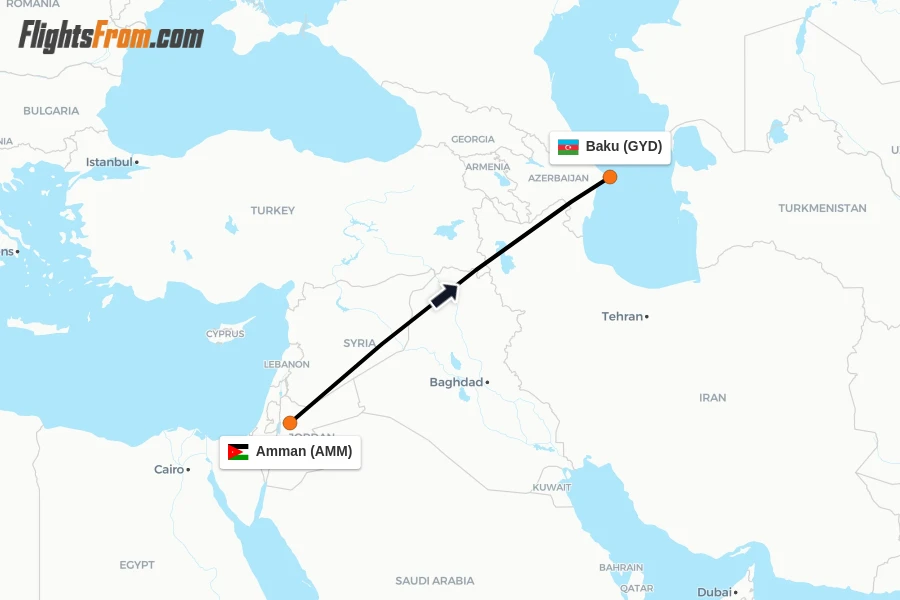 Flights from Amman to Baku route map