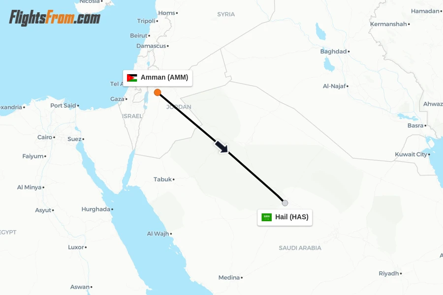 Flights from Amman to Hail route map