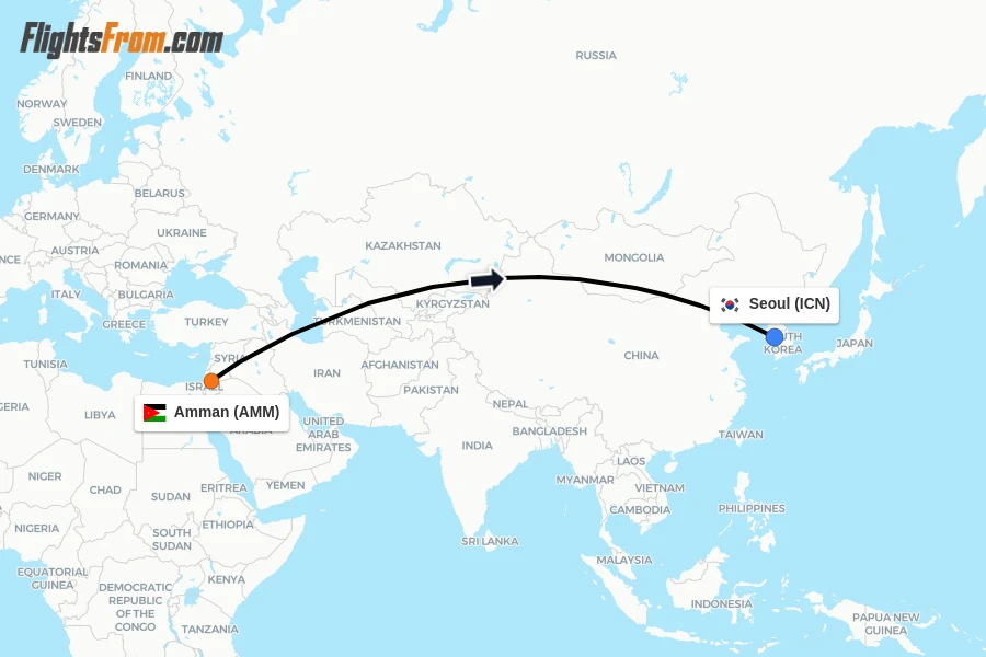 Flights from Amman to Seoul route map