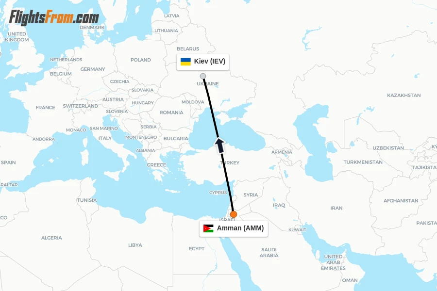 Flights from Amman to Kiev route map