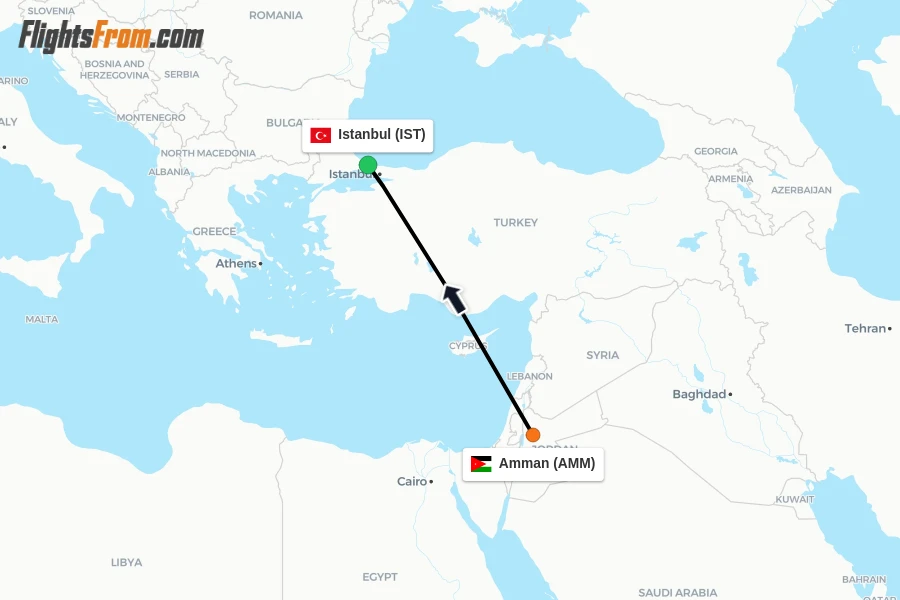 Flights from Amman to Istanbul route map