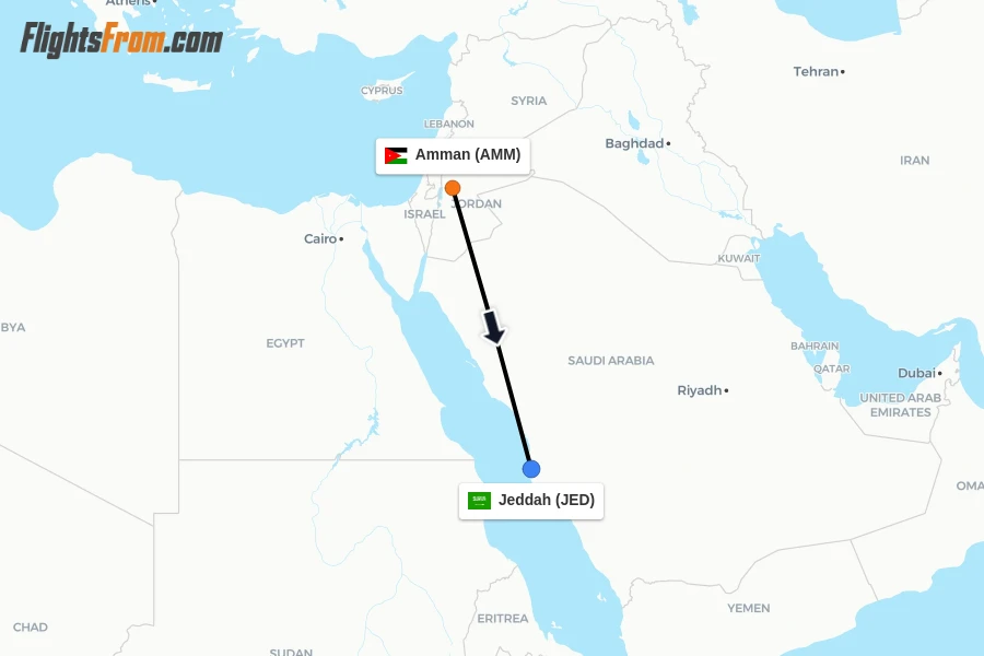 Flights from Amman to Jeddah route map
