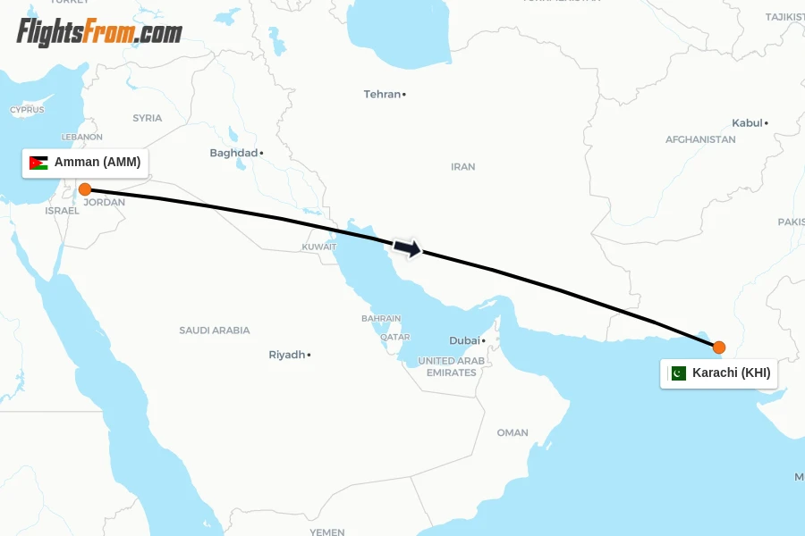 Flights from Amman to Karachi route map