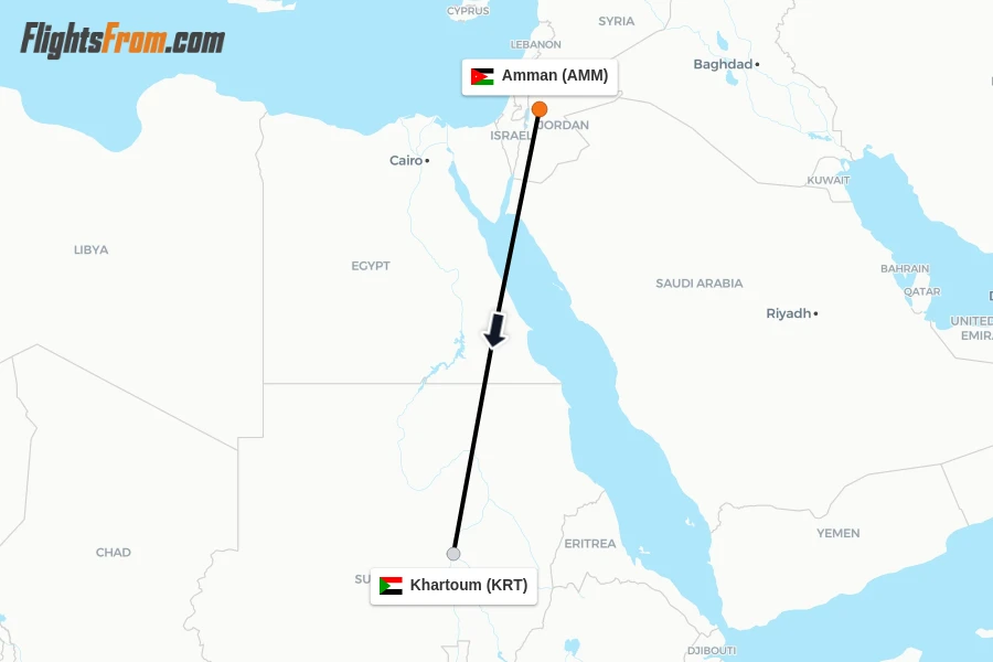 Flights from Amman to Khartoum route map