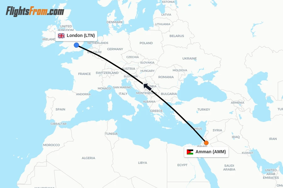 Flights from Amman to London route map