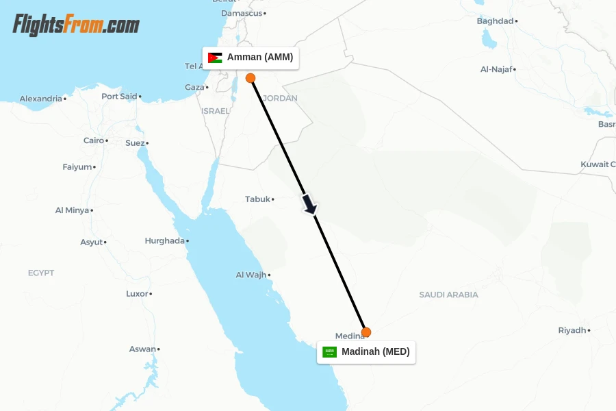 Flights from Amman to Madinah route map