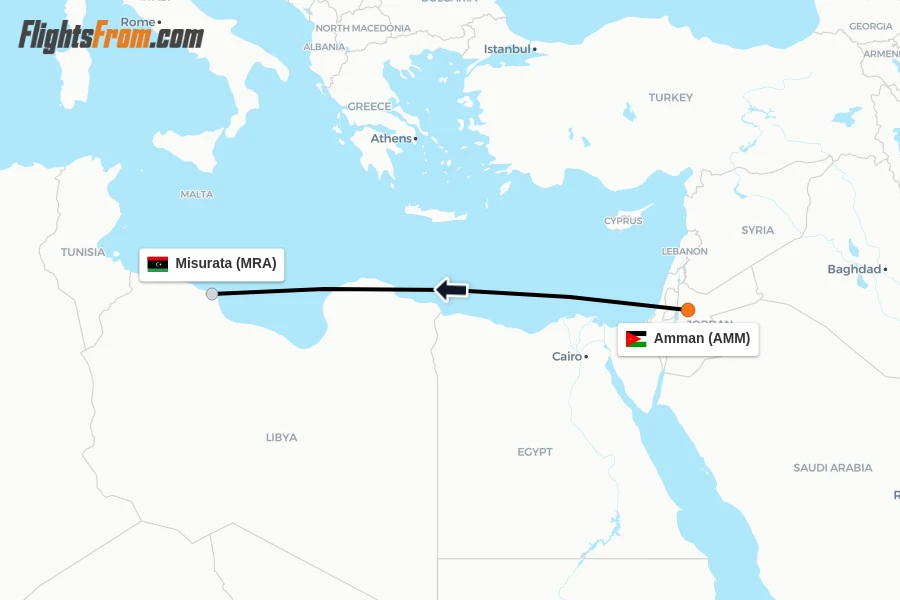 Flights from Amman to Misurata route map