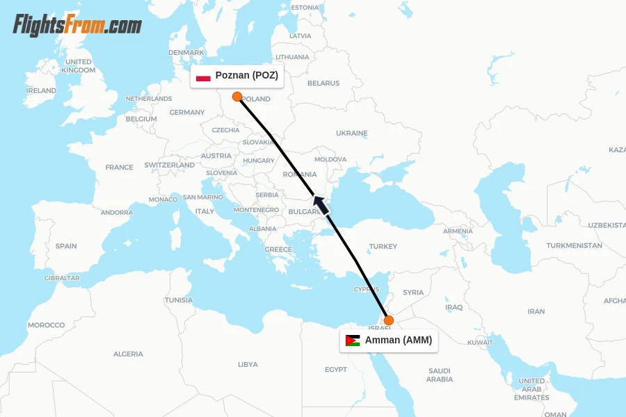 Flights from Amman to Poznan route map