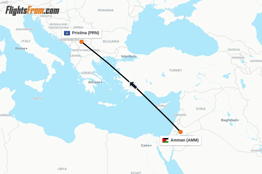 Flights from Amman to Pristina route map