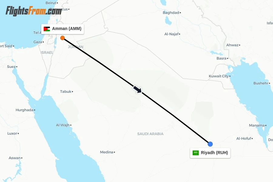 Flights from Amman to Riyadh route map