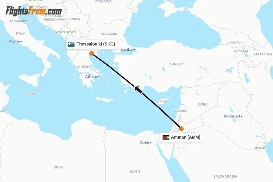Flights from Amman to Thessaloniki route map
