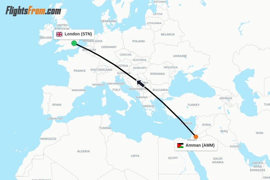 Flights from Amman to London route map