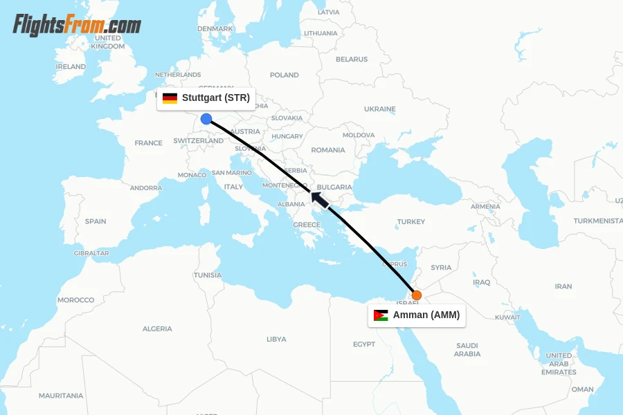 Flights from Amman to Stuttgart route map