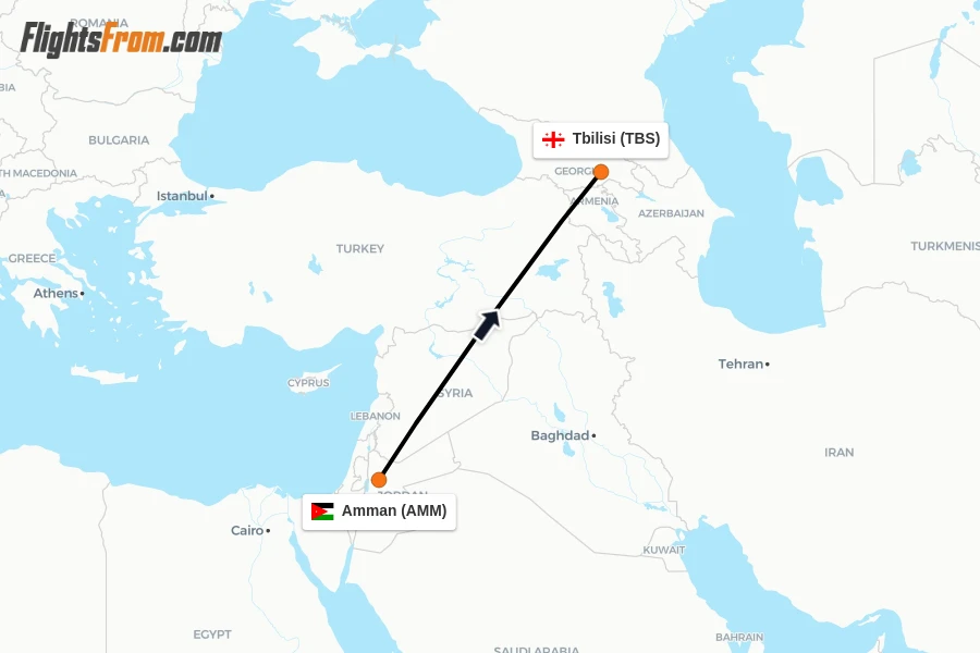 Flights from Amman to Tbilisi route map
