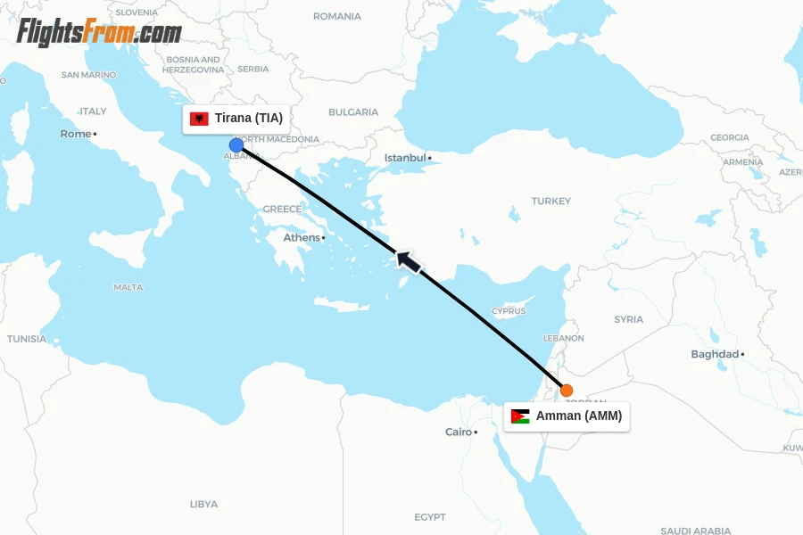 Flights from Amman to Tirana route map