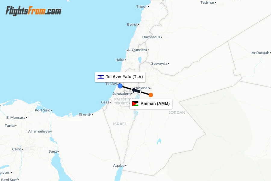 Flights from Amman to Tel Aviv-Yafo route map