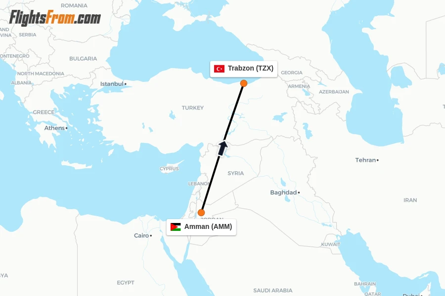 Flights from Amman to Trabzon route map