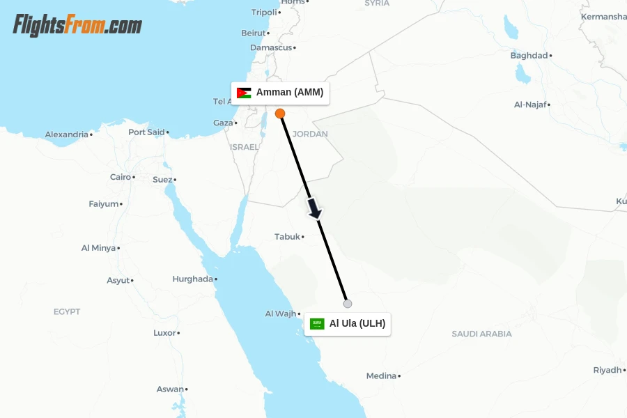 Flights from Amman to Al Ula route map