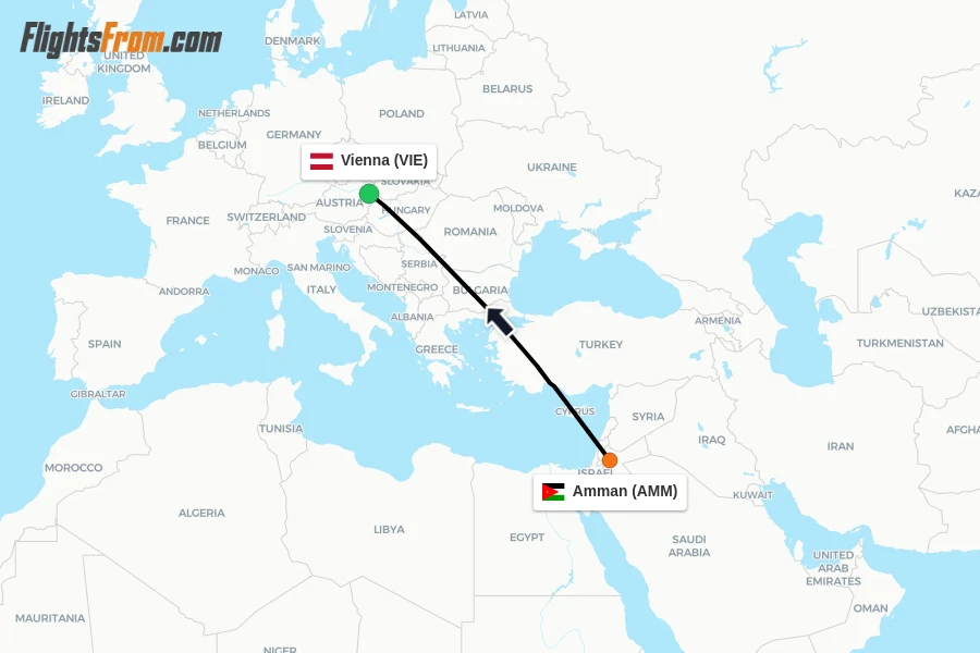 Flights from Amman to Vienna route map