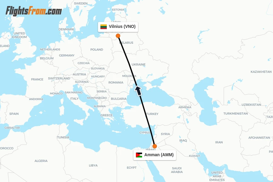 Flights from Amman to Vilnius route map