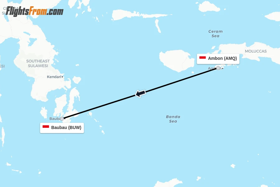 Flights from Ambon to Baubau route map