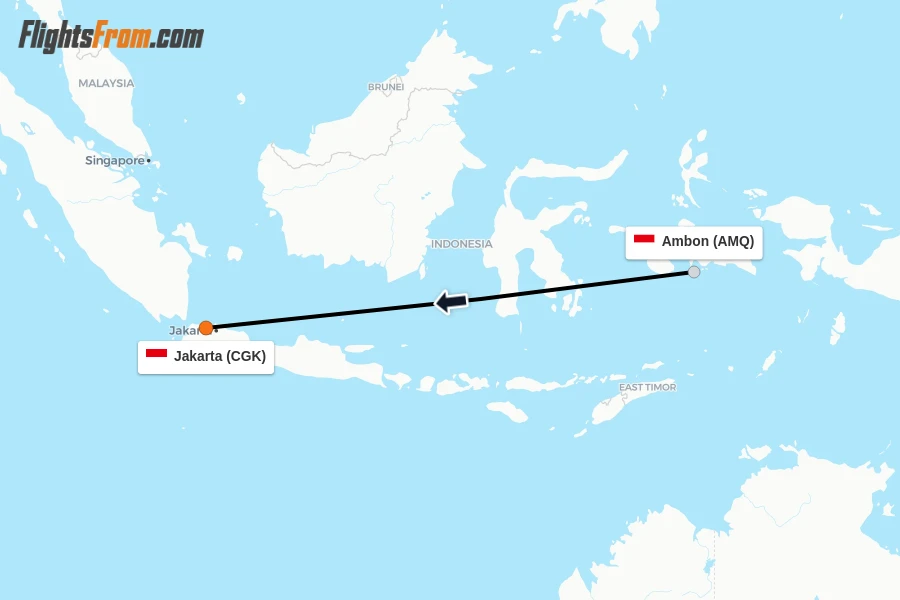 Flights from Ambon to Jakarta route map