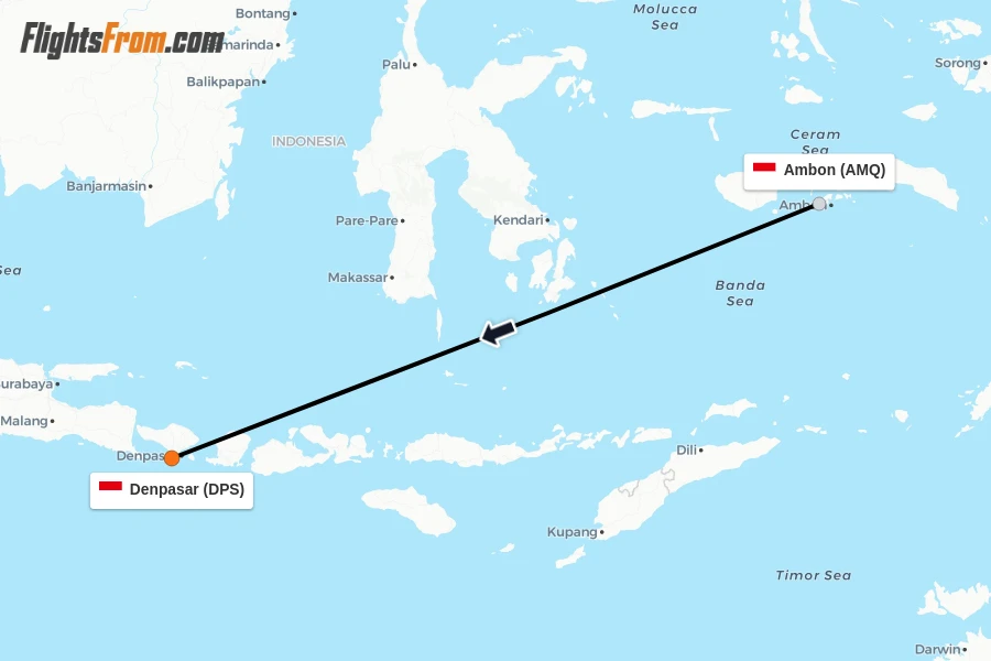 Flights from Ambon to Denpasar route map
