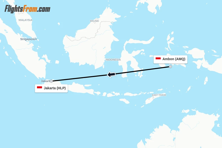 Flights from Ambon to Jakarta route map