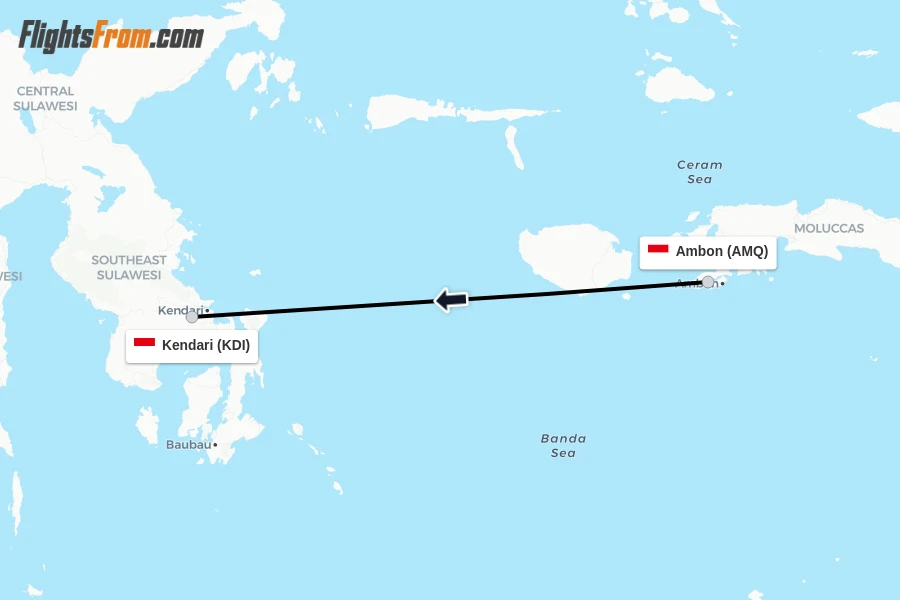 Flights from Ambon to Kendari route map