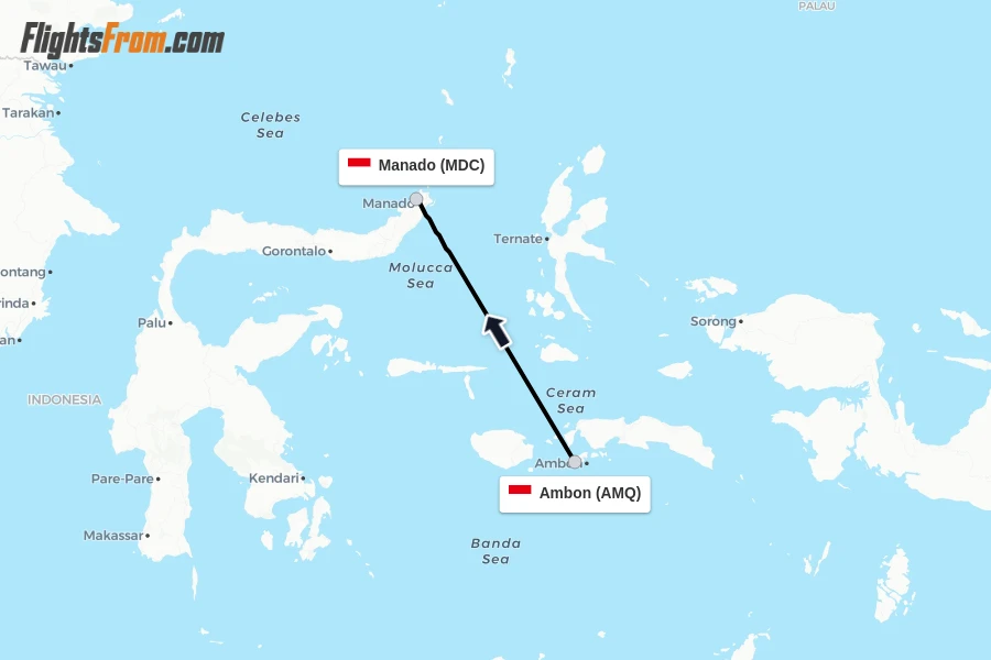 Flights from Ambon to Manado route map