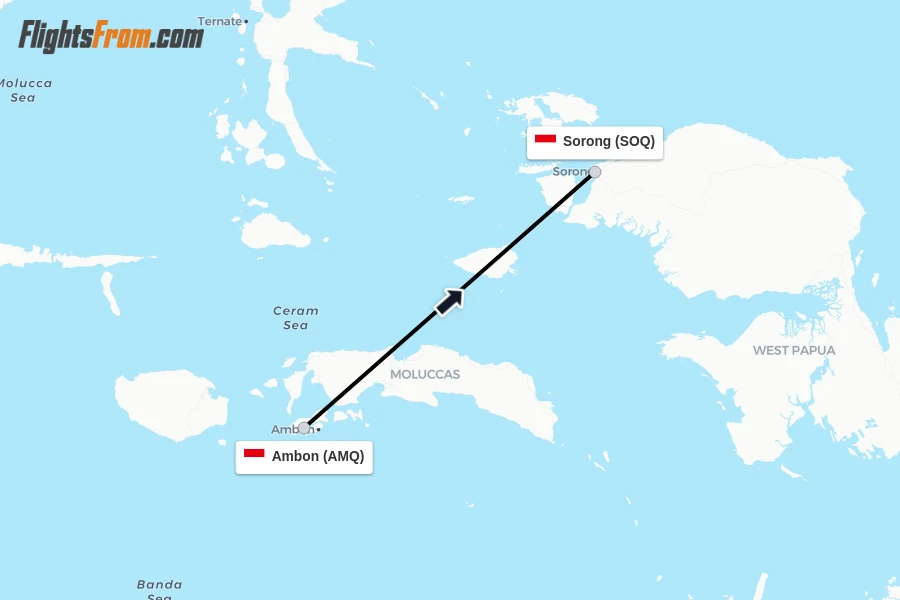 Flights from Ambon to Sorong route map