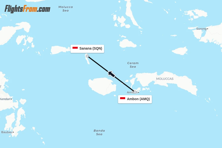 Flights from Ambon to Sanana route map