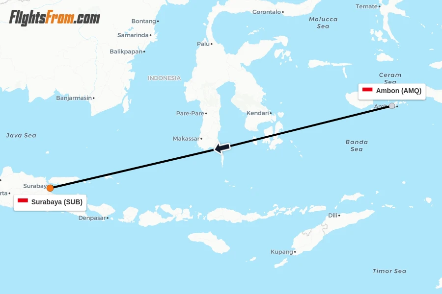 Flights from Ambon to Surabaya route map